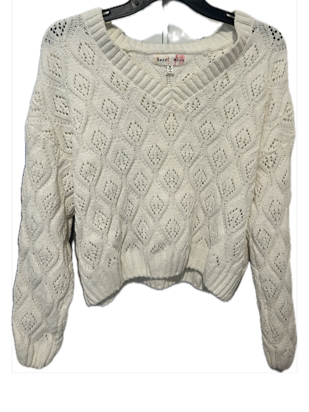 Hazel Moon Cream V-Neck Openwork Knit Sweater